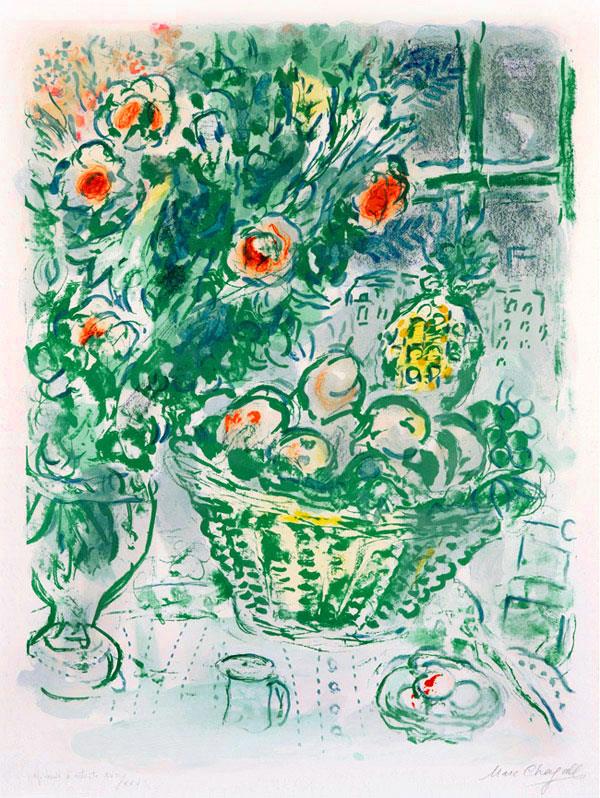 Corbeille de Fruits et Ananas lithographie couleur contemporaine Marc Chagall Peintures à l'huile